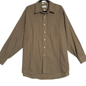 Van Heusen Dress Shirt Mens 17 34/35 Tan Stripe Wrinkle Free Button Down Office